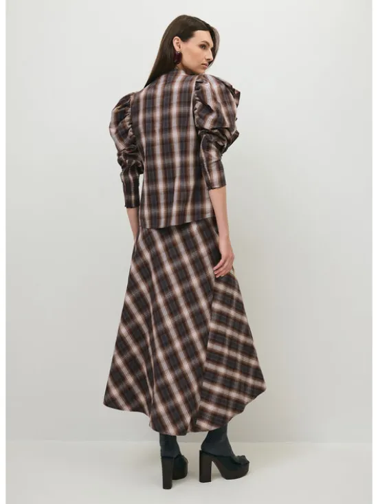 BIZUU Spódnica maxi AYELLA A-LINEN CHECKED SKIRT Brązowy Standard Fit