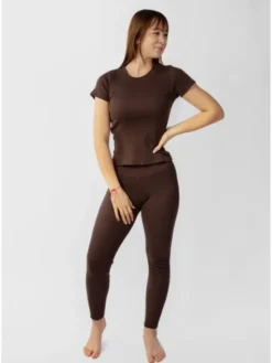 DKaren Sport Komplet bluzka i spodnie Halima Brązowy Slim Fit