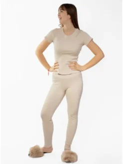 DKaren Sport Komplet bluzka i spodnie Halima Beżowy Slim Fit