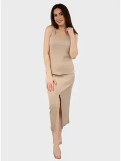 DKaren Sport Komplet bluzka i spódnica DK-K-P1 Beżowy Slim Fit