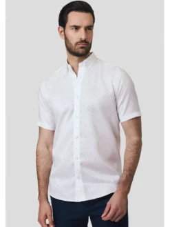 Lancerto Koszula Koszula Biała Bawełniana w Kropki z Krótkim Rękawem Inger KO073125000015 Biały Slim Fit