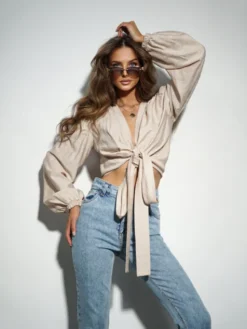 LilaLou Bluzka Helen Beżowy Regular Fit