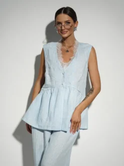 LilaLou Komplet bluzka i spodnie Liu Niebieski Regular Fit