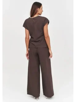 Makadamia Komplet bluzka i spodnie C55 Brązowy Loose Fit