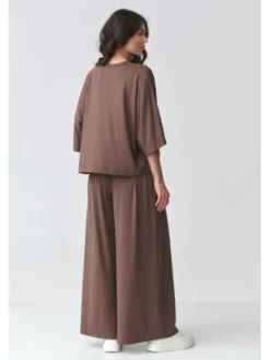 Makadamia Komplet bluzka i spodnie M926 Brązowy Loose Fit