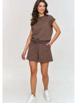 Makadamia Komplet bluzka i szorty sportowe M866 Brązowy Regular Fit