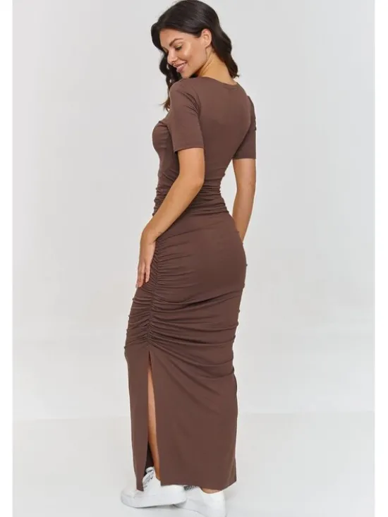 Makadamia Sukienka codzienna M872 Brązowy Cutted Fit
