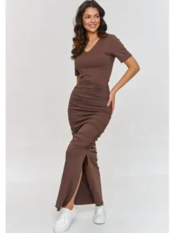 Makadamia Sukienka codzienna M872 Brązowy Cutted Fit