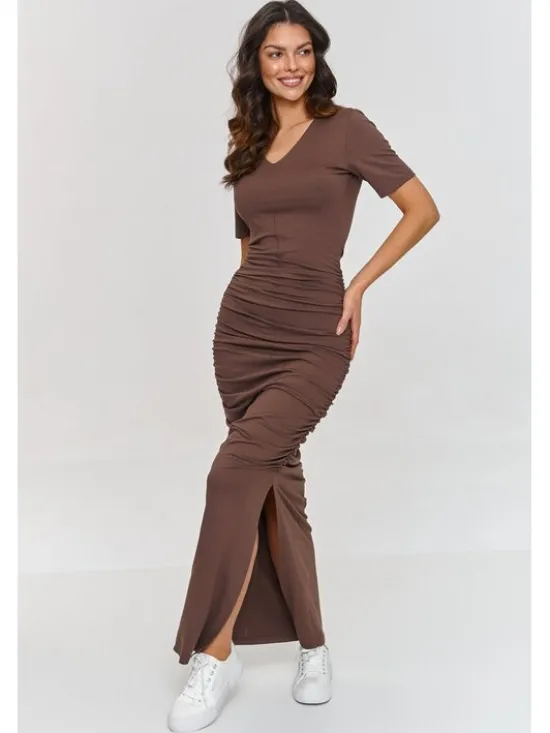 Makadamia Sukienka codzienna M872 Brązowy Cutted Fit