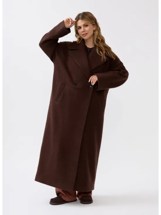 Mirons Płaszcz wełniany Soft Brązowy Oversize