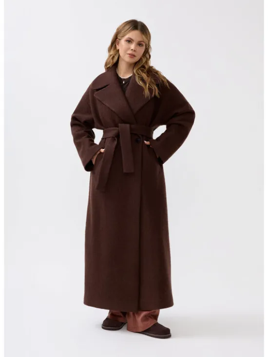 Mirons Płaszcz wełniany Soft Brązowy Oversize
