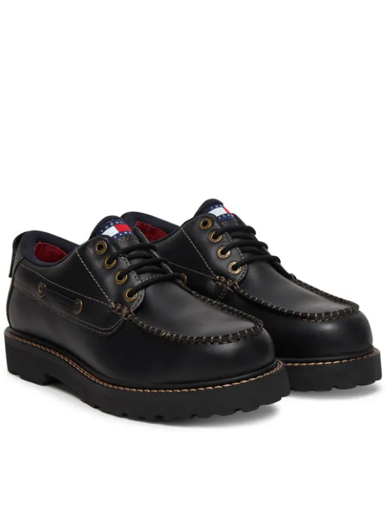 Tommy Jeans Półbuty Archive '01 Boat Shoe Leather EM0EM01651 Czarny