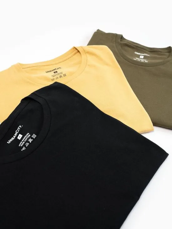 Urban City Komplet t-shirtów Zestaw 3 T-Shirtów Męskich Czarna / Beżowa / Zielona Urban City No Logo Basic S Beżowy Regular Fit